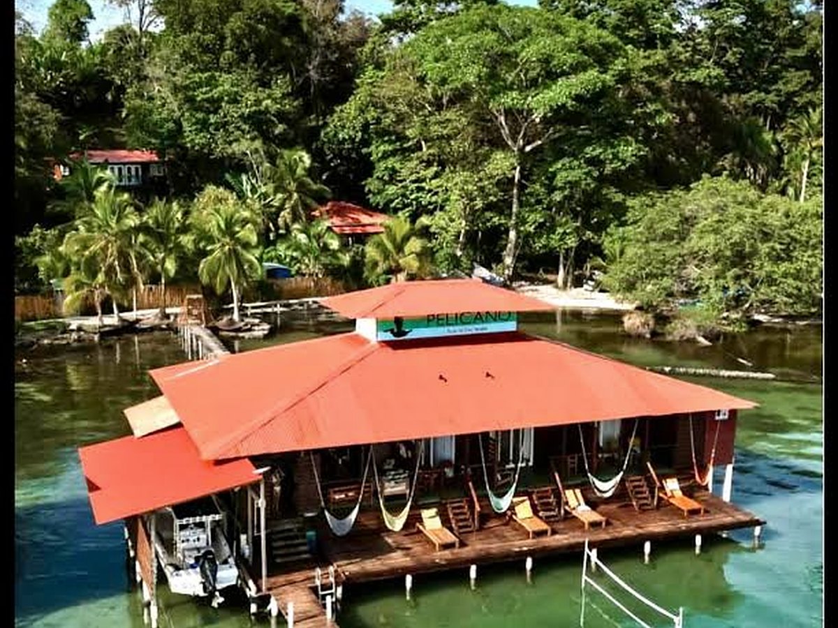 Aerial view of the overwater dock building at El Pelicano, Old Bank, Isla Bastimentos